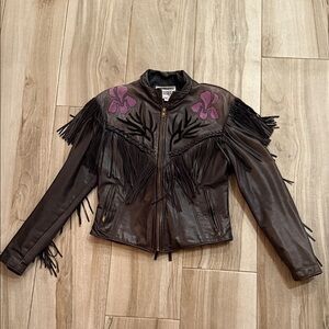 Women’s Dallas Premium Leather jacket deep brown and purple fringe  sz 14